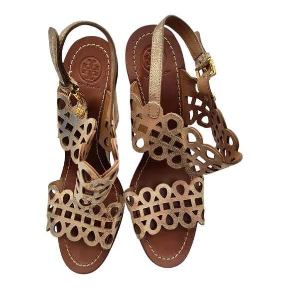 Tory Burch Nori Metallic Gold Leather Platform Cork Wedge Sandals 10.5 M Glam - Picture 1 of 11